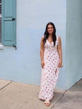 Floral Tie-Front Maxi Dress in White with Pink Roses Cottagecore
